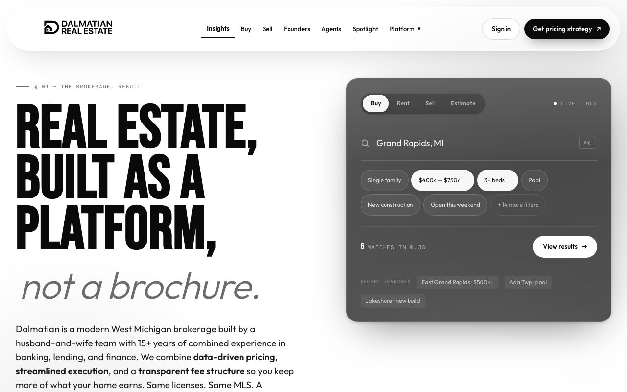Dalmatian Real Estate home page: Real estate, built as a platform, not a brochure.